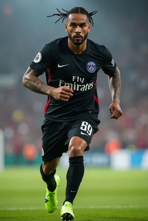 Young 2 sexy tough gangster with black hair shaved on the sides with braids brown eyes thick lips athletic body masculine energy and defined chin sexy short trimmed beard colored tattoo marked biceps wears Homme in black color Muslim style is a PSG soccer ...