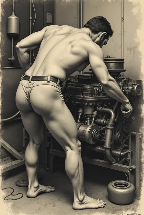  Create a vintage style drawing of a semi-naked mechanic with a big ass facing the drawing fixing a v8 engine
