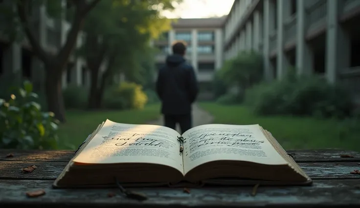 "Create a YouTube thumbnail focusing on an open notebook filled with sketches and notes, placed on a weathered bench in an abandoned university campus. In the background, the character is seen from behind, gazing at the overgrown and silent environment. Th...