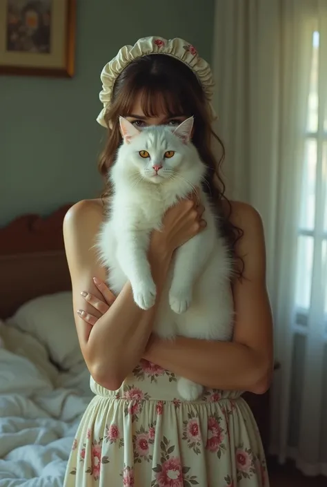 A woman holding a white cat in hand standing in her bed room not showing face wearing a head kerchief  wearing a floral dress  hiding her face behind the cat