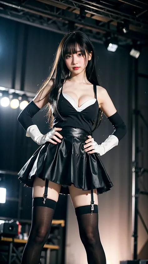 (8k、RAW Photos、Highest quality、masterpiece:1.2)、(Realistic、Realistic)、1 person、((black and white、Cleavage、tights、Gloves、Garter Ring、mini skirt、Thin legs、whole body、boots、View from the front、Looking into the camera、stage、Stand with hands on hips))、cute