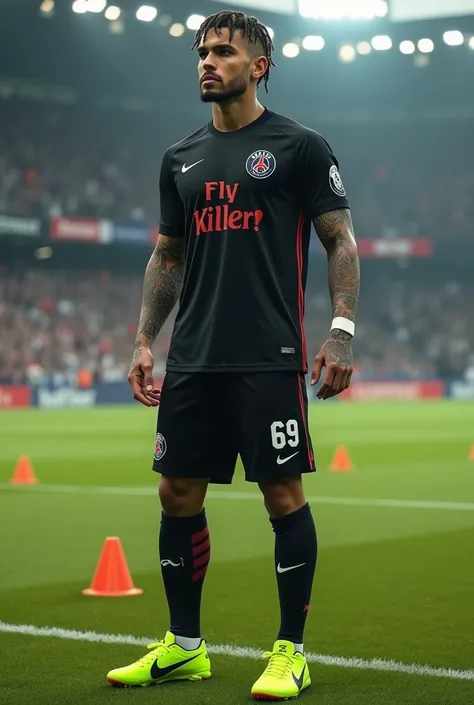 Young 2 sexy tough gangster with black hair shaved on the sides with braids brown eyes thick lips athletic body masculine energy and defined chin sexy short trimmed beard colored tattoo marked biceps wears Homme in black color Muslim style is a PSG soccer ...