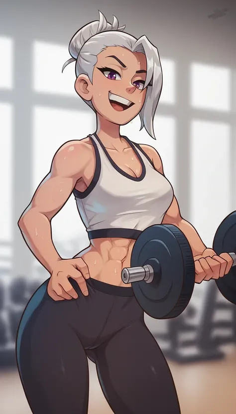 A dynamic image of a young woman in a gym environment. She has an athletic body and an expression of determination.. She is dressed in stylish workout clothes, including a fitted tank top and leggings, and is in the middle of a weightlifting exercise, show...