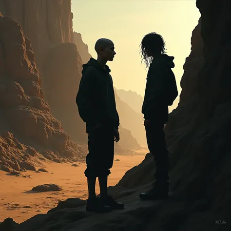 2 teenage boys one with bald head other with long hair in shadow form. A cliff. Desert