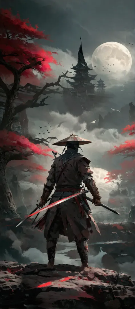 a painting of a man with a sword and a red sun, sekiro in bloodborne world, sekiro, inspired by kanō hōgai, feudal japan art, gh...