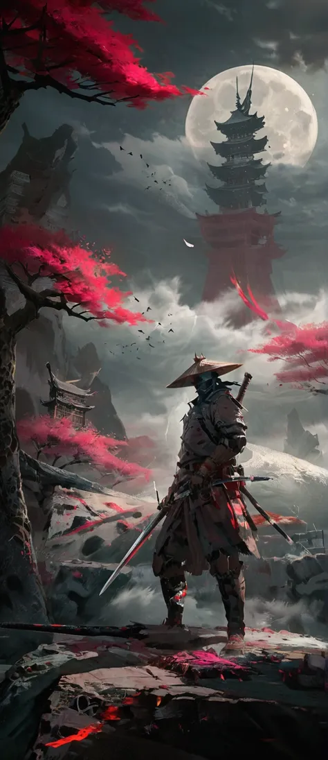 a painting of a man with a sword and a red sun, sekiro in bloodborne world, sekiro, inspired by kanō hōgai, feudal japan art, gh...