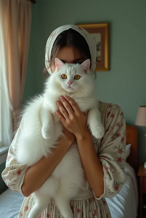 A woman holding a white cat in hand standing in her bed room not showing face wearing a head kerchief  wearing a floral dress  hiding her face behind the cat