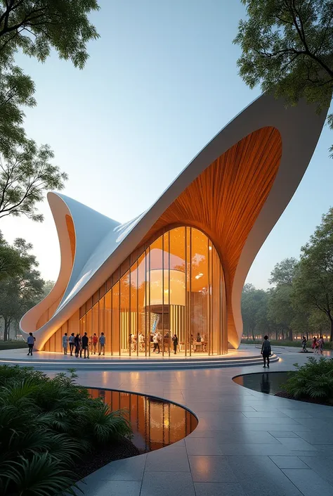 Build an architectural pavilion with curves and straight elements, Exhibitions will be held there, taking the monarch butterfly as a reference.
