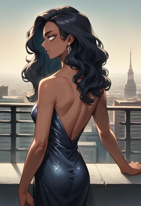 long wavy black hair, tanned skin, slim figure, sharp jawline, bright eyes, in a luxurious hotel lobby, in an elegant evening gown, A confident woman with long wavy black hair, wearing a black evening gown, standing on a city rooftop with the skyline in th...