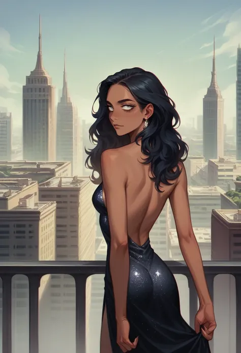 long wavy black hair, tanned skin, slim figure, sharp jawline, bright eyes, in a luxurious hotel lobby, in an elegant evening gown, A confident woman with long wavy black hair, wearing a black evening gown, standing on a city rooftop with the skyline in th...