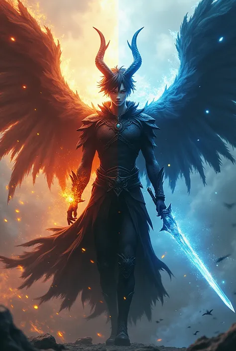 someone who has 2 sides of light and darkness, has the power of wind, fire and water, have sharinggan and rinengang eyes, have horns, medium body like a human, handsome and dashing, short hair,human ear, have wings, have a strong sword, has 3 strongest poi...