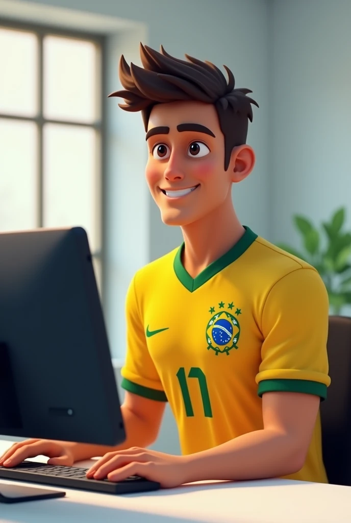 Create animation character 30 year old. He using computer and Jersey name Tanvir and his jersey Brazil team.