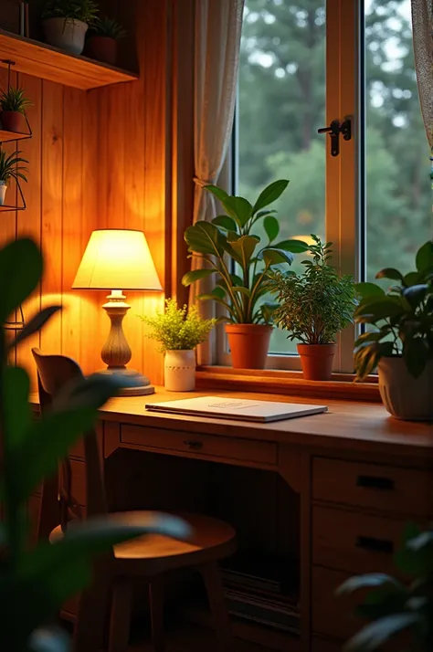 A view from the center of a wooden desk with plants on it, orange lights, une ambiance chaleureuse