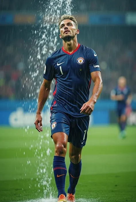 Kevin de bruyne in wet football uniform pours water over his head 