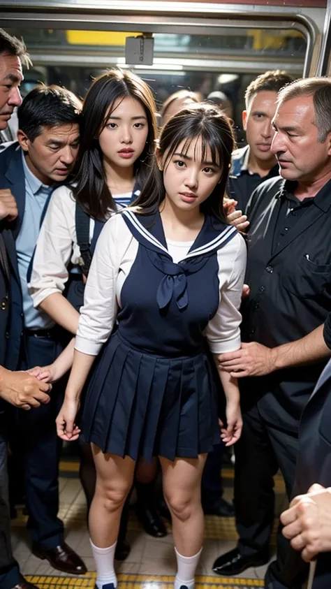 a very beautiful and stylish high school girl is standing in a crowded train、(being molested by a group of middle-aged men：1.3)、...