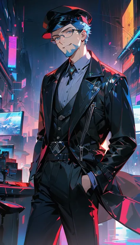 adult guy, male, smile, short blue hair, short gray beard, gray eyes, glasses, black hat, long black leather coat, one white sleeve, one blue sleeve, black trousers, elegant, cyberpunk, detective, Yuanwu, Masterpiece, best quality, Full HD, 8k, ultra detai...