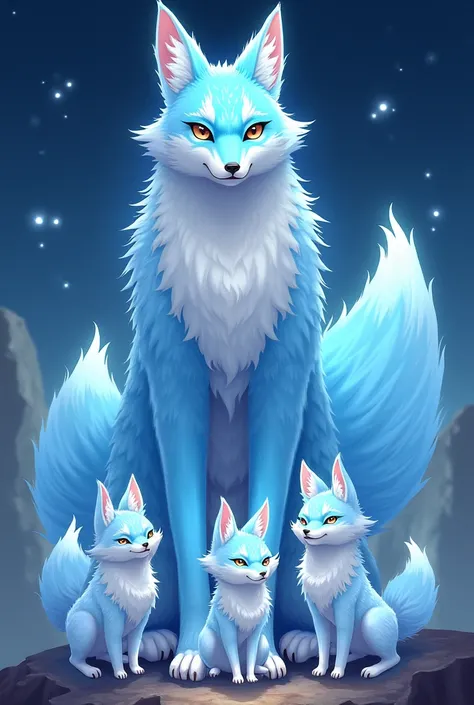 Giant Blue Kitsune with 5 Tails with Pups