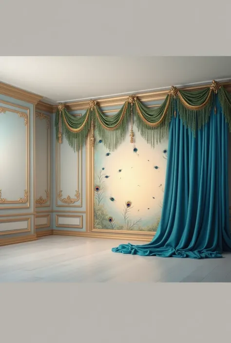 there is a blue curtain with peacock feathers hanging from it, stunning arcanum backdrop, teal studio backdrop, baroque style painting backdrop, ornate backdrop, cyan photographic backdrop, ballroom background, still life photo of a backdrop, portrait phot...