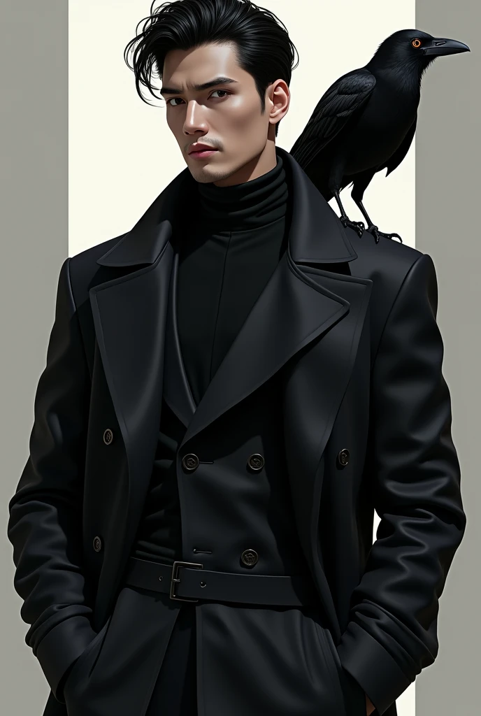 (Photorealism:9.16), male，Tall，Comic Style，Whitish，Elegant and handsome black hair and black eyes，Wear a black trench coat，Hands in pockets，There is a one-eyed crow on my shoulder