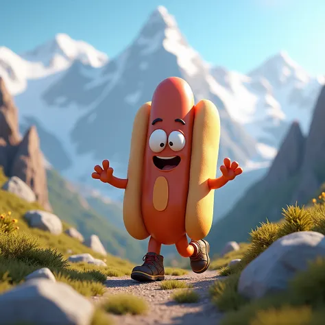 A hot dog with eyes, arms and legs wearing hiking boots. He is walking in the mountains.