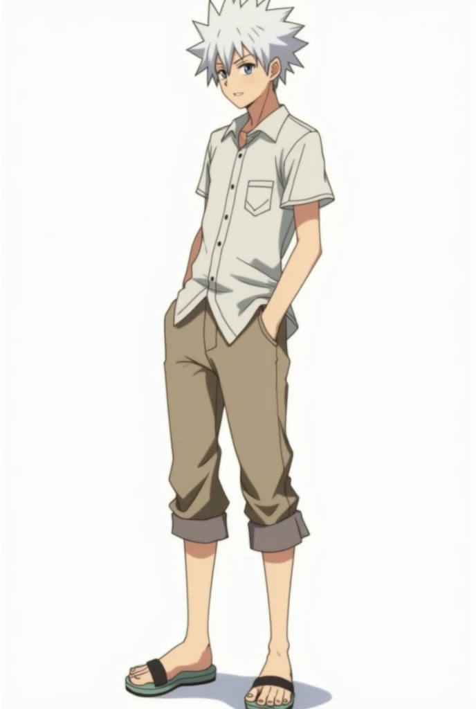 A male character from the anime "tensei shitara slime datta ken" with short white hair.
image with white background.
Full-body image.
wear summer clothes.