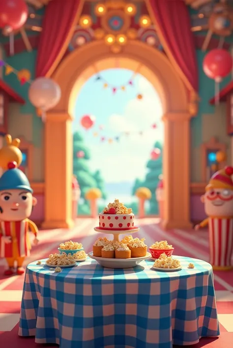 a table with a blue checkered tablecloth, with cake and popcorn in the decorated and colorful hall, 3D cartoon style, cinematic