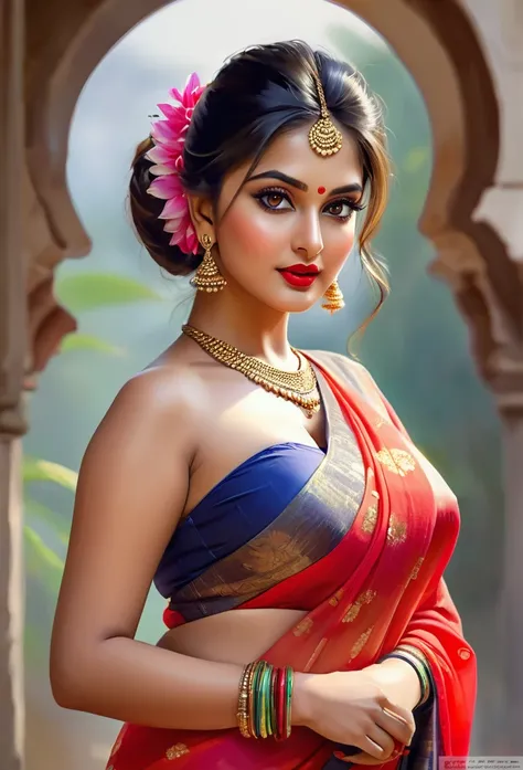 perfect pink eyes, fantastic face, realistic Indian, beautiful look, ((red lips, bright eyes, curve heir 1.5)), ((beautiful details very big breast )), (Straight round and ultra huge clevage, not sagging breast), A glorious gorgeous, glorious gorgeous face...