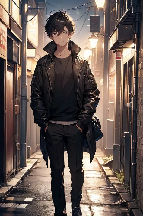 (((wallpaper 8k CG))), ((absurdres)), masterpiece, a male person standing on a city street, in the dark, wearing a jacket, 1boy, jacket, male focus, outdoors, solo, hand in pocket, looking at viewer, pants, black pants, street, long sleeves, closed mouth, ...