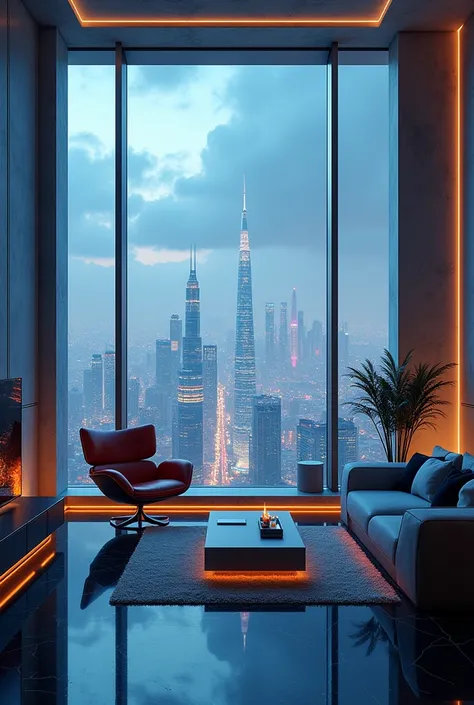 Penthouse with a cyberpunk futuristic view with flying cars