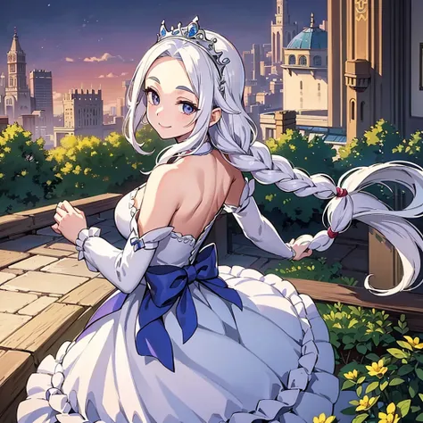 ((((Solo))))、Highest quality, Best Quality、middle ages、(Full body character concept)、(((白いGorgeous dress))、(Mature Woman、Mother、40 years old)、(White Hair、Middle Reason、Does not touch the forehead、Dumpling、Braid)、(smile)、(princess、Queen of the West)、(Gorgeo...