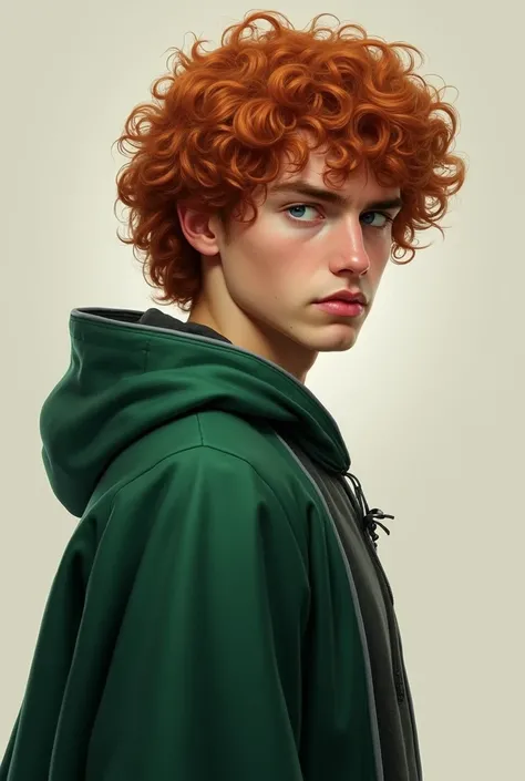 Serious curly red-haired guy with blue eyes. Standing in profile and looking at the screen. Dressed in Slytherin robes. Realism.