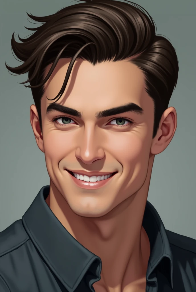 Create a high-resolution portrait of a handsome young man with a strong jawline and well-groomed hair. His expression should be confident and slightly alluring, with a subtle smile and engaging eyes. The background should be neutral or softly blurred to ke...