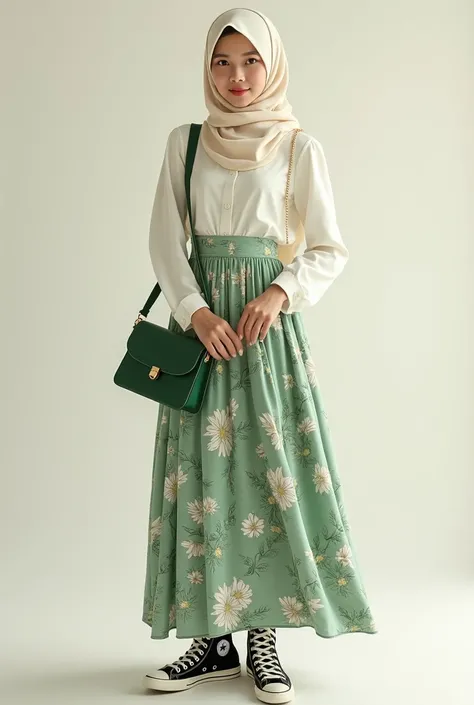 Generate an image of a beautiful asian malaysian hijab girl, wearing a beautiful white blouse, with a white and green floral skirt, the hijab is cream colour, holding a cute green shoulder bag and wearing a pair of high cut black converse.