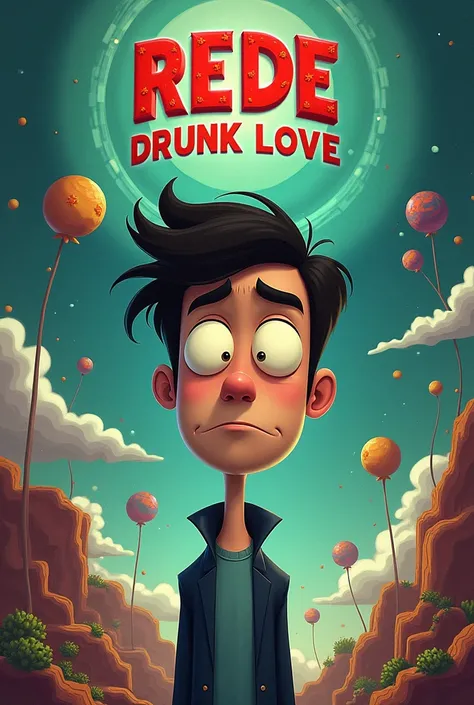 A fairly odd parents cartoon art concept, make a cover photo that says REDE on the top, and a man staring without emotions on front, this album talks Abt drunk love 