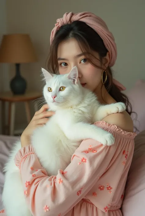 A white skin woman holding a white cat in hand standing in her bed room not showing face wearing a head scarf wearing a pink floral dress  hiding her full  face behind the cat bright