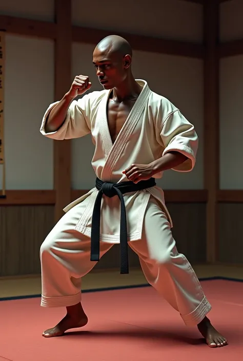 Create a hyper-realistic image of a black man, thin and with 1,63 m high, practicing karate in a traditional Japanese dojo. The man must be dressed in a karate uniform (karate gi) offwhite, with the black belt perfectly adjusted at the waist. The gi must h...