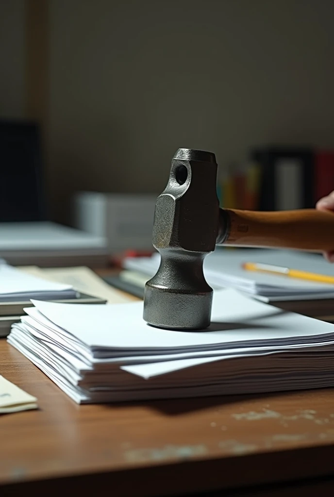 The hammer is sitting atop a stack of papers on a desk, holding them down.