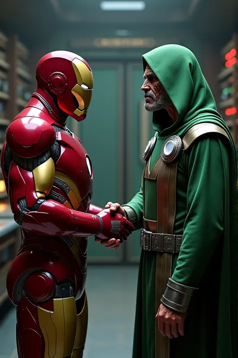 Iron man and Dr doom handshake to each other put off his mask