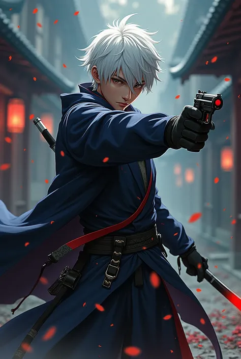 Anime japanese male assassin with 2 blades and 2 pistols and white hair