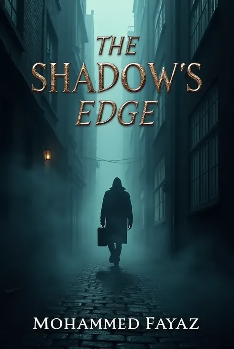 A4 sized Front cover : A dark, foggy alley with a silhouette of a person barely visible in the distance, holding a briefcase. The title "The Shadows Edge" is in bold, metallic lettering at the top, with my name Mohammed Fayaz below it in smaller text.And a...