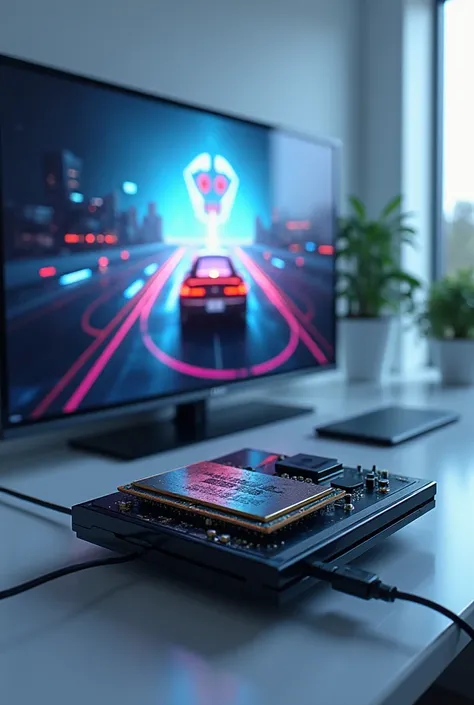 Image of a play station 3 connected by cable to a television. The memory and processor should be visible on the play station.. A video game is running on the screen