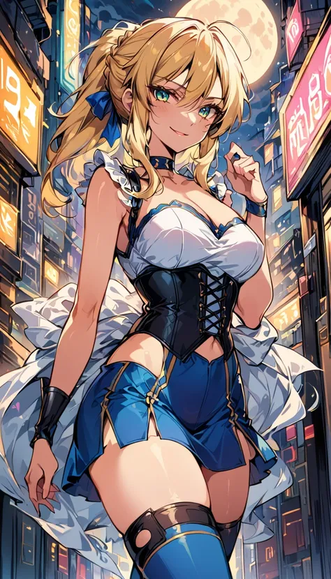 score_9, score_8_up, score_7_up, score_6_up, rating_safe, source_anime, BREAK beautiful Artoria Pendragon (blonde, braid, ribbon, hair ribbon:1.2), sexy smirk, BREAK tight skirt, cropped corset, thigh high boots, choker, BREAK walking in downtown Tokyo, ne...