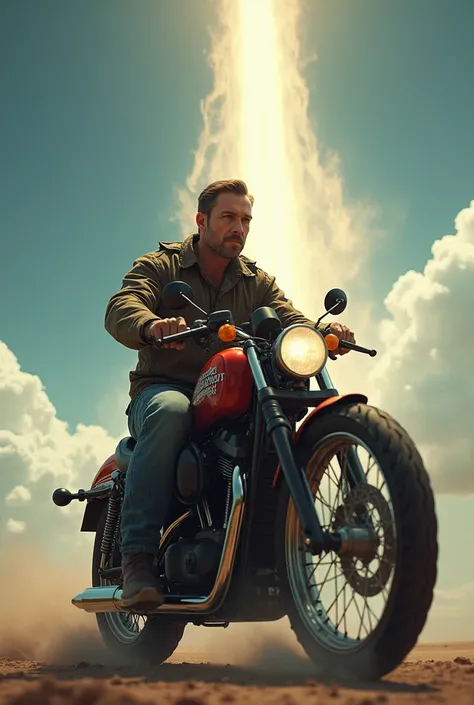 Pedro on a motorcycle leaving a trail towards the sky. With a biblical phrase saying that he will always be alive in the heart of the one who loved him.