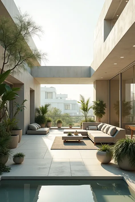 Make the interior of a futuristic terrace with neutral colors and including elements of serene plans