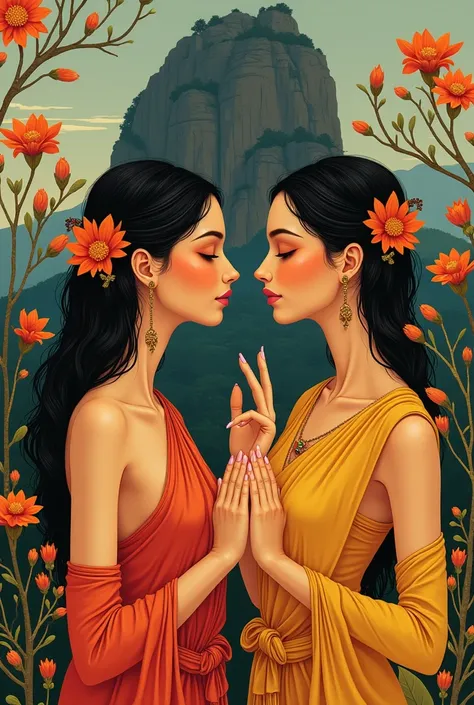 Genarate Sigirya beautiful womens art pictures in real more same angles as art in sigirya gold mixed yellow skin so  both womans,hands on flowers with  long nose as art