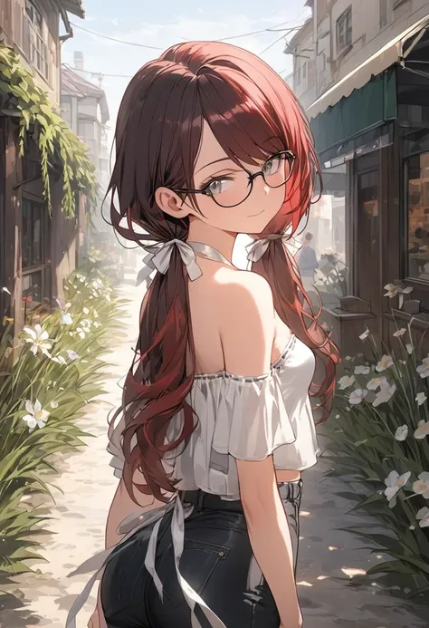 Masterpiece, highres, high Quality, detailed face, from behind, over-the-shoulder shot, street, awning, shade, flowers, holding one arm, head tilt, Gray eyes, dark red hair, swept bangs, low twin tails, glasses, white ribbons, gray strapless shirt with whi...