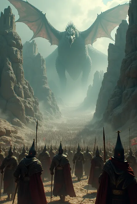 a horde of human warriors invading the dragons realm, with shining weapons and eyes full of ambition, advancing towards the treasure caves, intricate fantasy landscape, epic dramatic lighting, cinematic wide angle, highly detailed, photorealistic, dramatic...