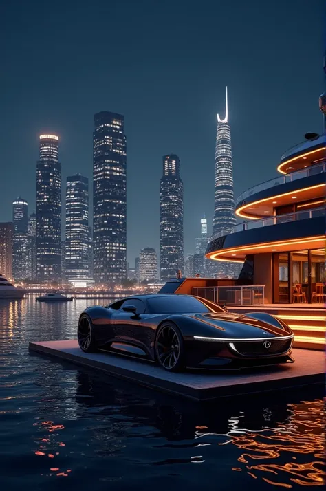 A Nexia 3 in the luxary yacht at the night. high buildings in the bacgrounds