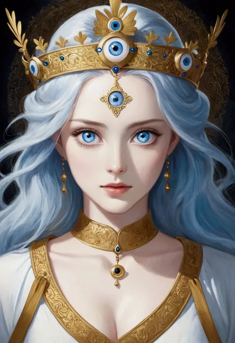 portrait of a woman with blue eyes wearing a golden crown, the third eye睛, mystical the third eye睛, mysterious eyes, girl with w...