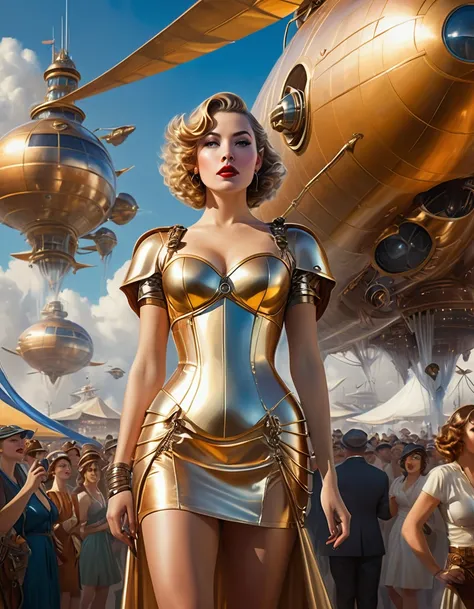 a woman in a futuristic dress stands in front of the crowd, large dieselpunk flying airships, drip, Inspired by Gil Elvgren, female paladin in fantasy style, Inspired by Mark Brooks, [ bubbles, Portrait of Helen of Troy, skis - fi : :, golden armor  